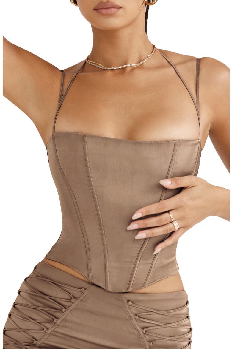Chantelle Halter Neck Satin Corset Top, Main, color, LATTE
