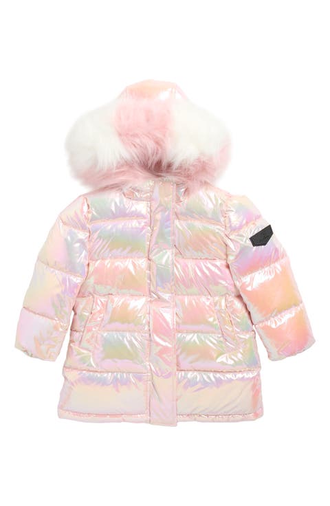 Kids' Iridescent Long Puffer Jacket with Faux Fur Trim
