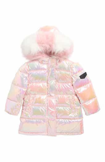 Kids' Iridescent Long Puffer Jacket with Faux Fur Trim
