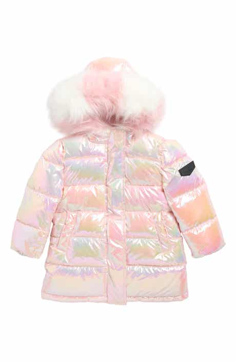 Kids' Iridescent Long Puffer Jacket with Faux Fur Trim