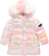 Sam Edelman Kids' Iridescent Long Puffer Jacket with Faux Fur Trim