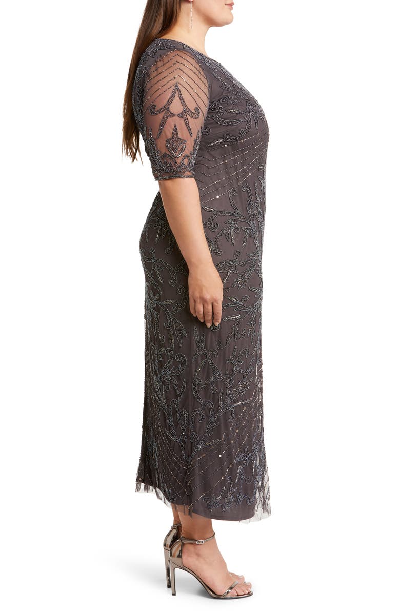 Pisarro Nights Beaded Elbow Sleeve A-Line Dress, Alternate, color, Slate