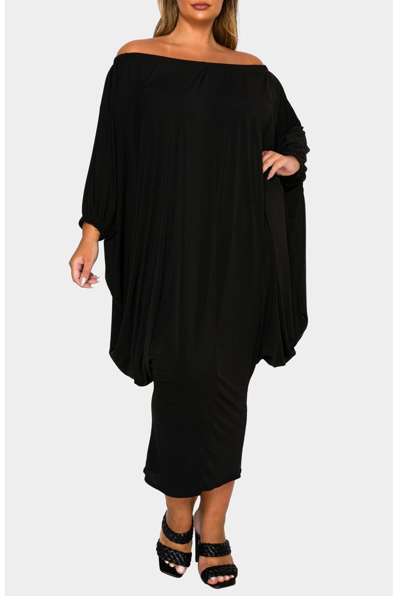 Eero Off the Shoulder Long Sleeve Tapered Hem Midi Dress, Alternate, color, BLACK