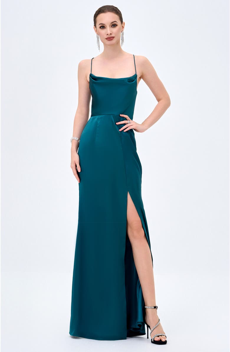 Bariano Stephanie Cowl Draped Satin Gown, Main, color, Emerald