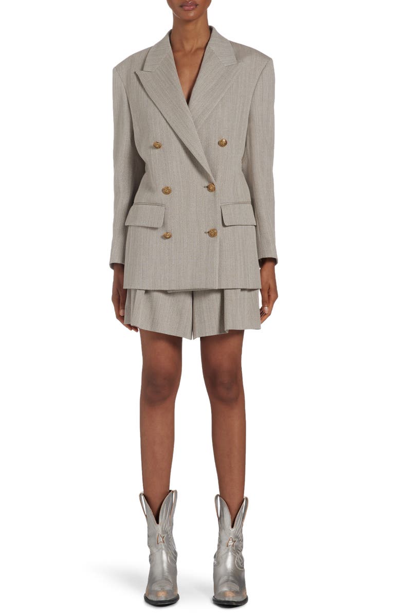 Golden Goose Pleated Cotton Herringbone Shorts, Alternate, color, 