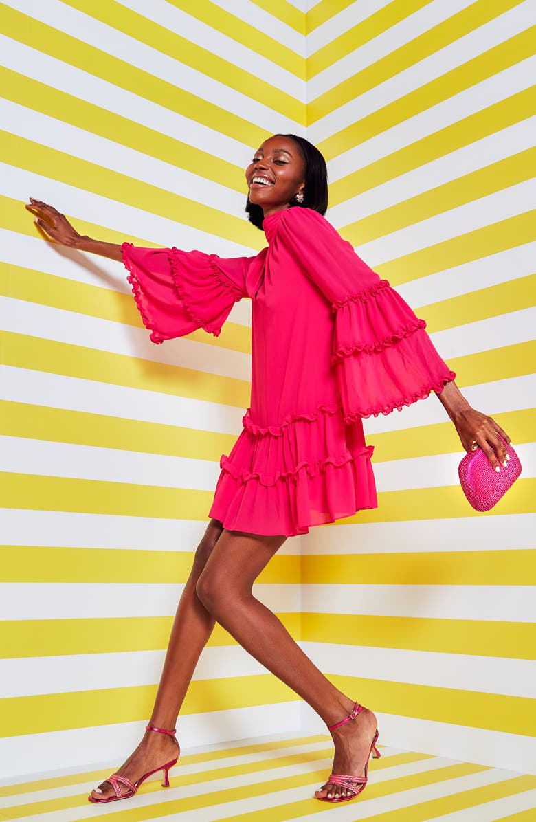 Jewel Badgley Mischka Tiered Ruffle Long Sleeve Keyhole Cutout Trapeze Dress, Alternate, color, Pink