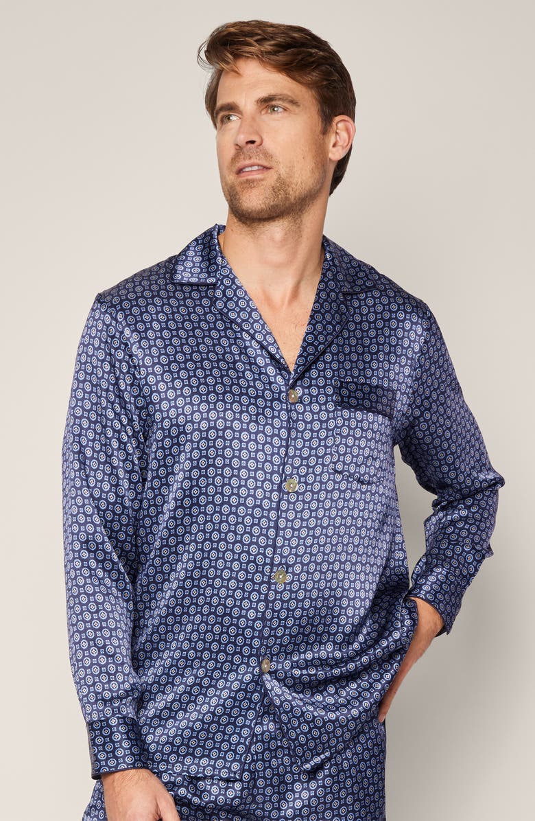 Petite Plume Medallion Mulberry Silk Pajamas, Alternate, color, Navy