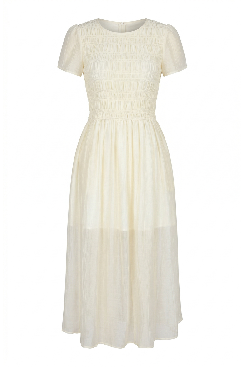 Sheer Overlay Midi Dress with Smocked Bodice, Alternate, color, Cream