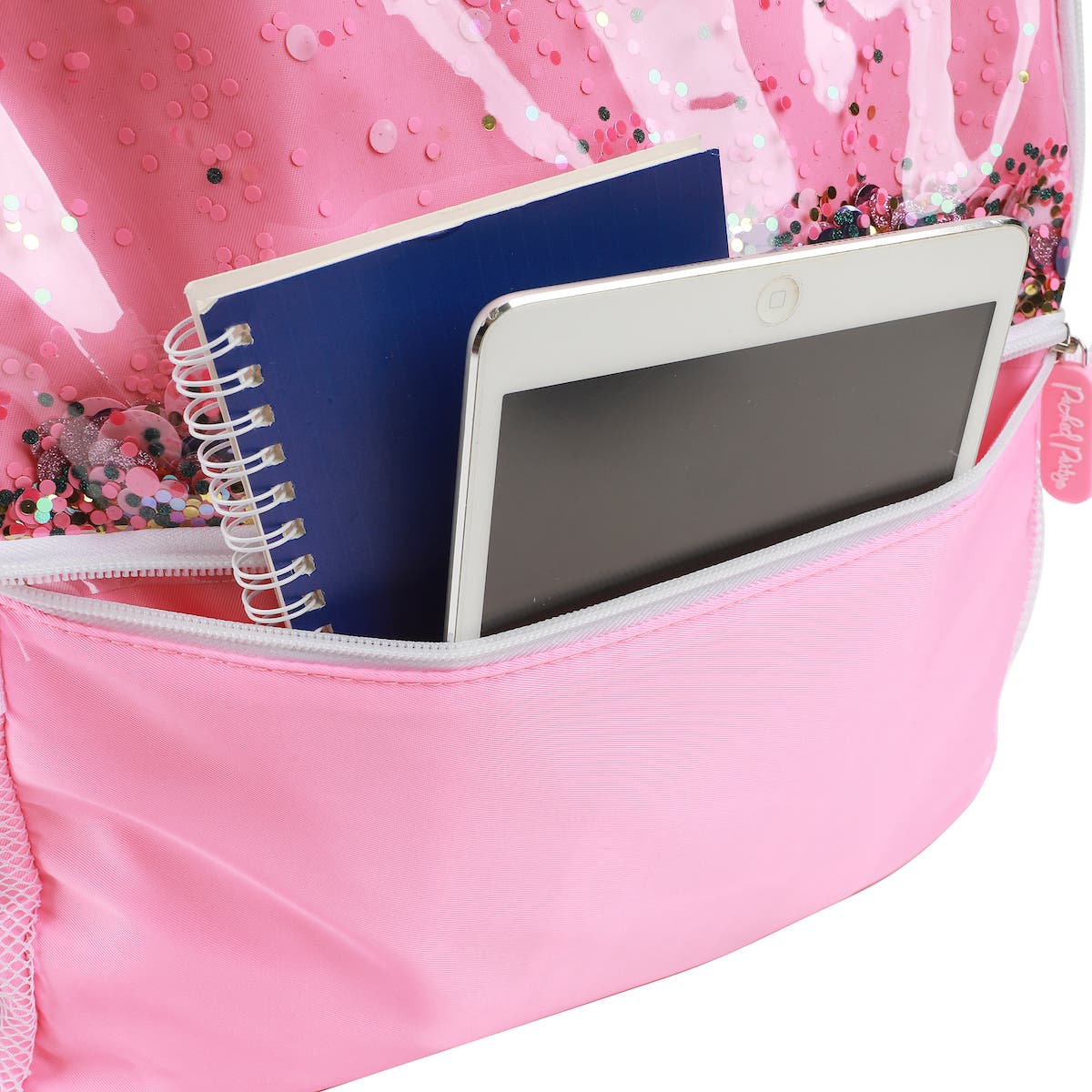 Pink Confetti Filled Pink 17" Adult Backpack With Matching Insulated Lunchbox, Alternate, color, Packed Party Silver Confetti