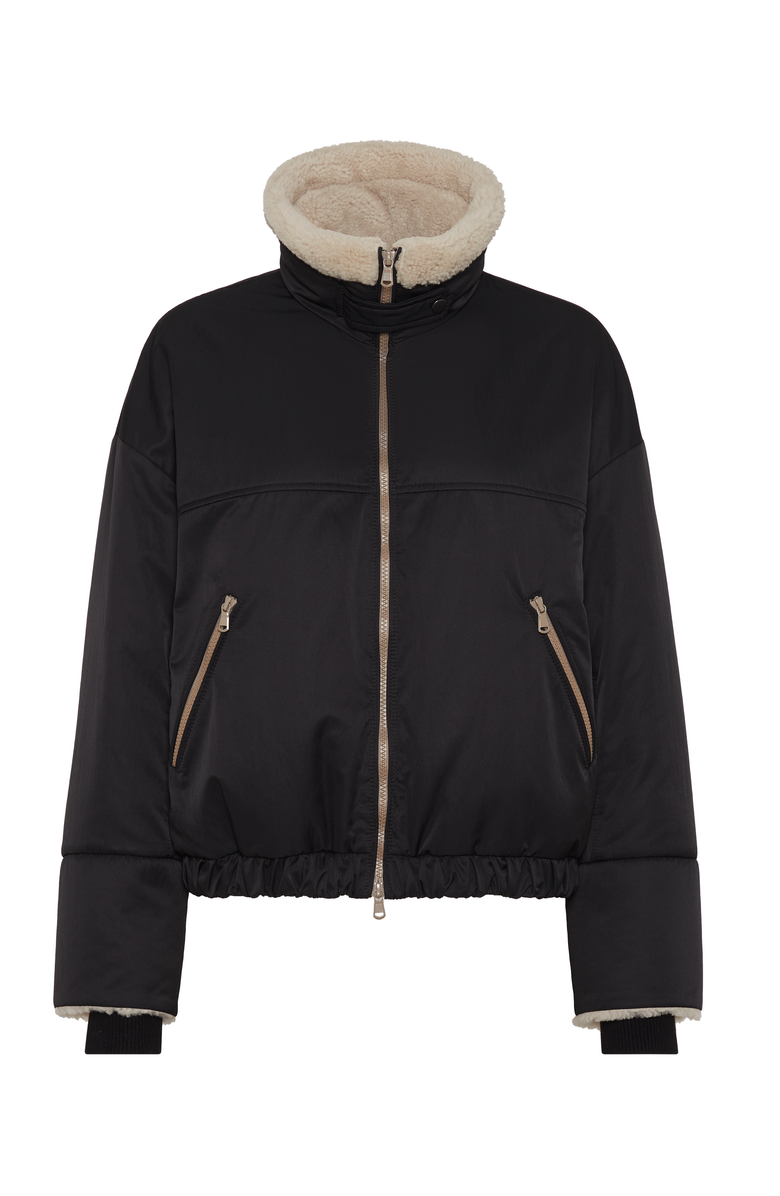 Brunello Cucinelli Water-resistant techno satin down jacket with shearling inserts and monili, Main, color,