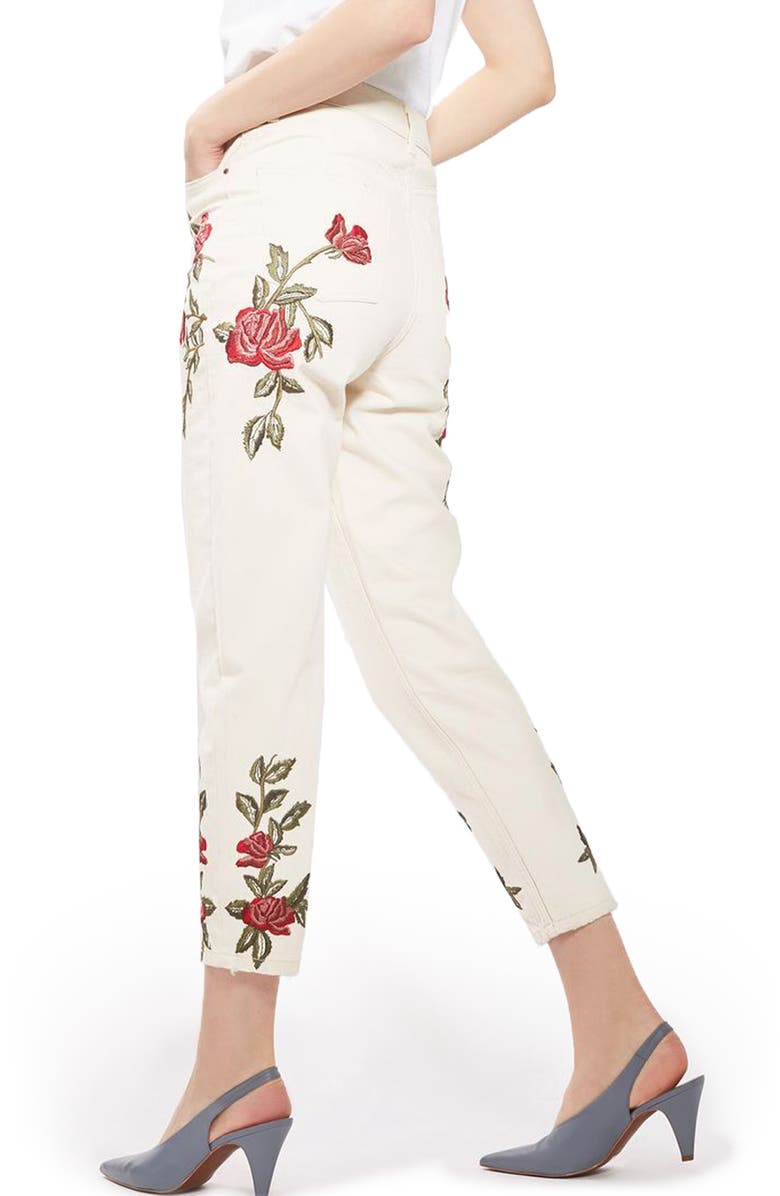 Topshop Rose Embroidered Mom Jeans, Alternate, color,