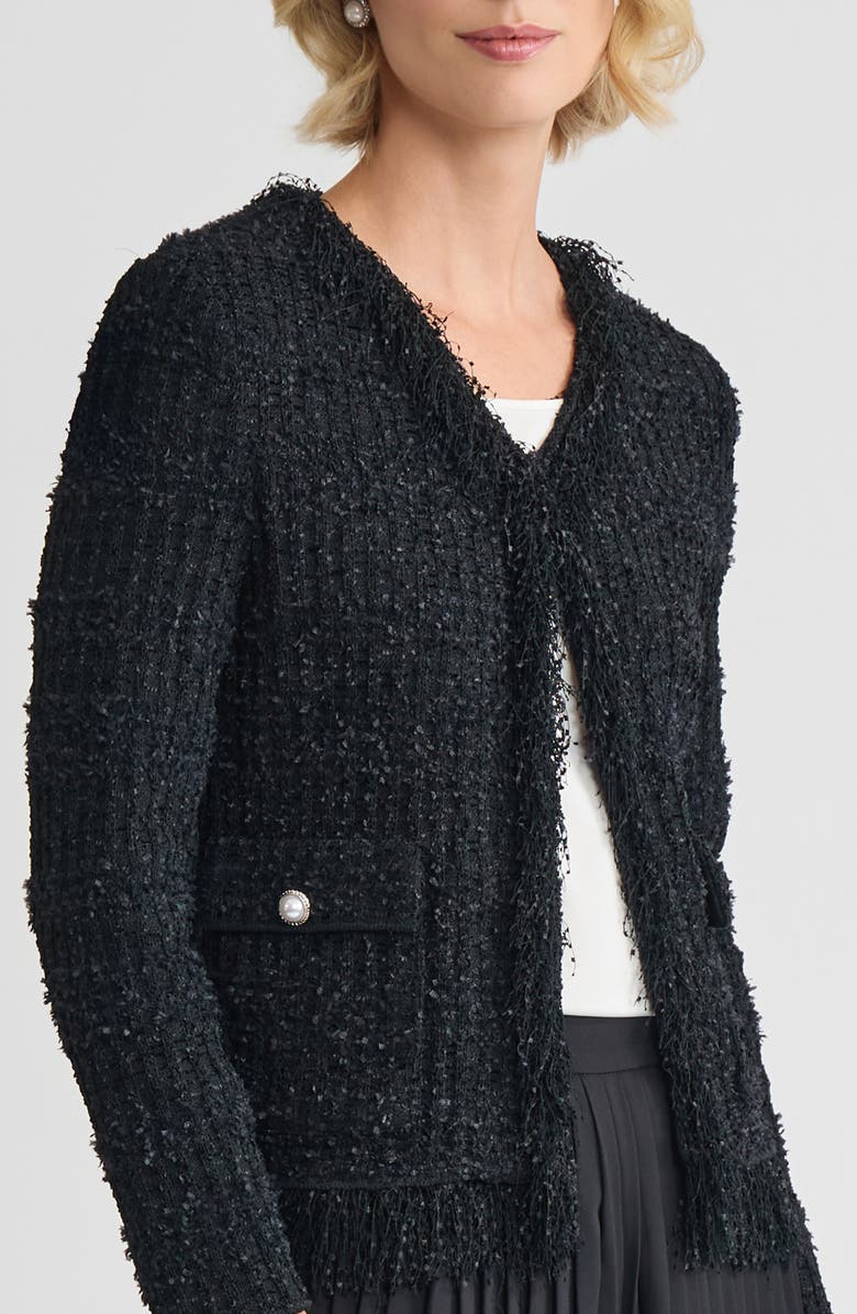 Misook Tailored Eyelash Fringe Trim Knit Jacket, Alternate, color, Black