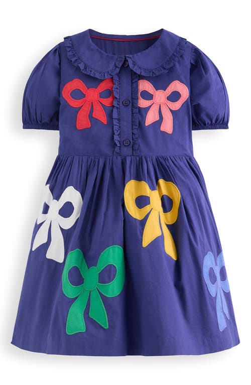 Mini Boden Kids' Bow Appliqué Cotton Shirtdress In Blue
