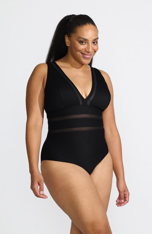 Lands' End Mesh Plunge High Leg One Piece Swimsuit in Black Ottoman at Nordstrom, Size 24W