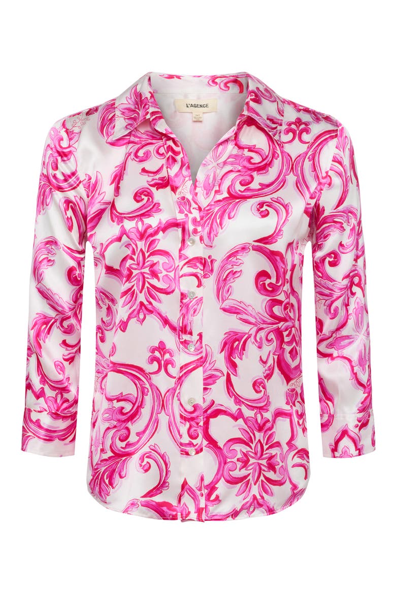 Dani Silk Button-Up Shirt, Alternate, color, WHITE/ PINK MEDITERRANEAN TILE