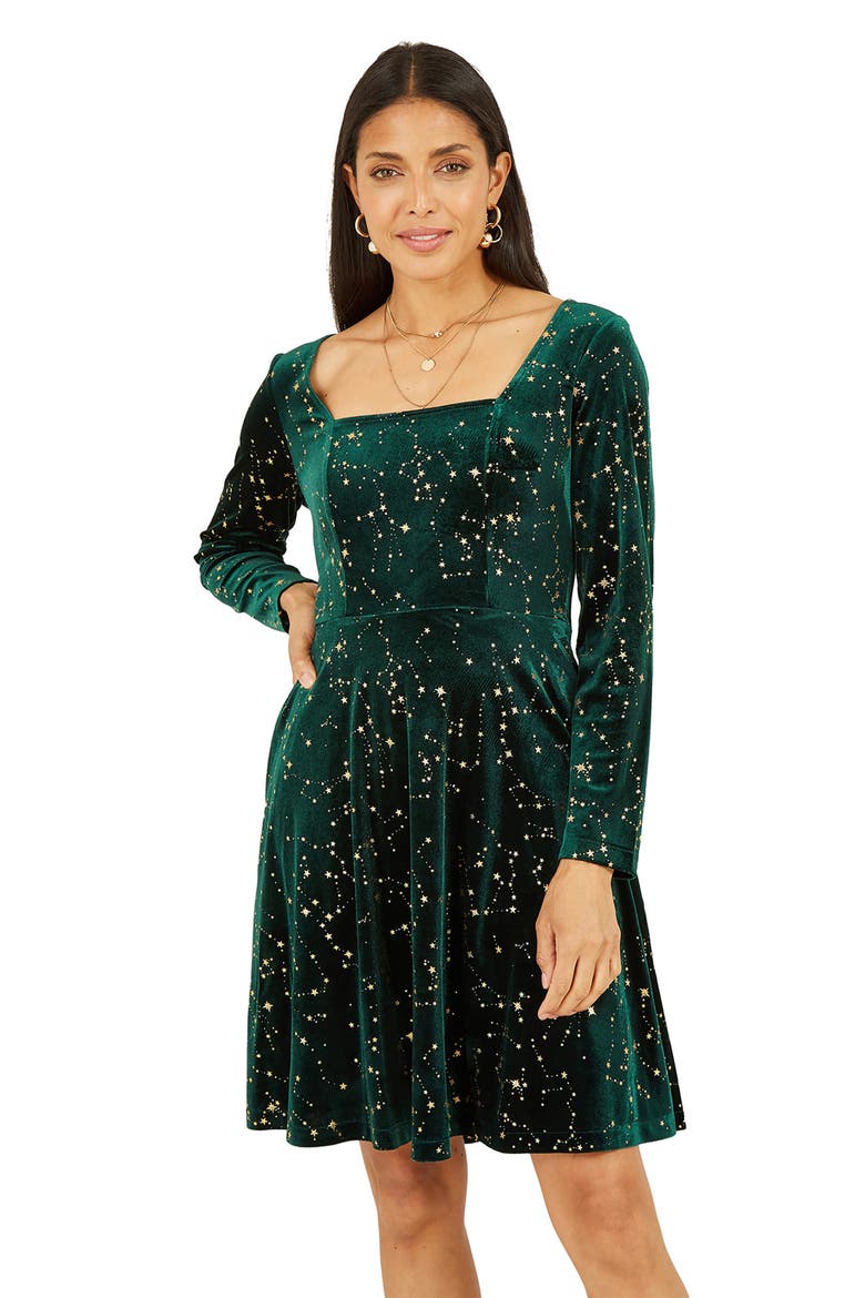 Star Foil Print Skater Dress, Alternate, color, Green