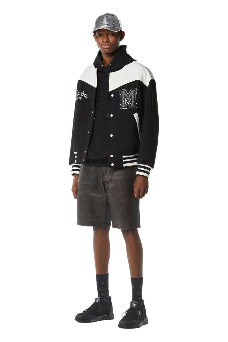Munchen Ponte Varsity Jacket, Main, color, Black and White