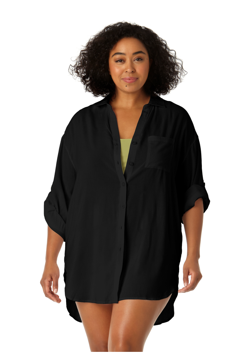 Women's Plus Live In Color Button Down Shirt Swimsuit Cover Up, Alternate, color, Black