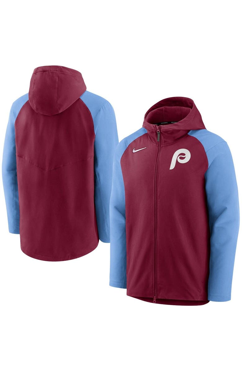 Nike Men's Nike Burgundy/Light Blue Philadelphia Phillies Authentic Collection Performance Raglan Full-Zip Hoodie, Main, color, 