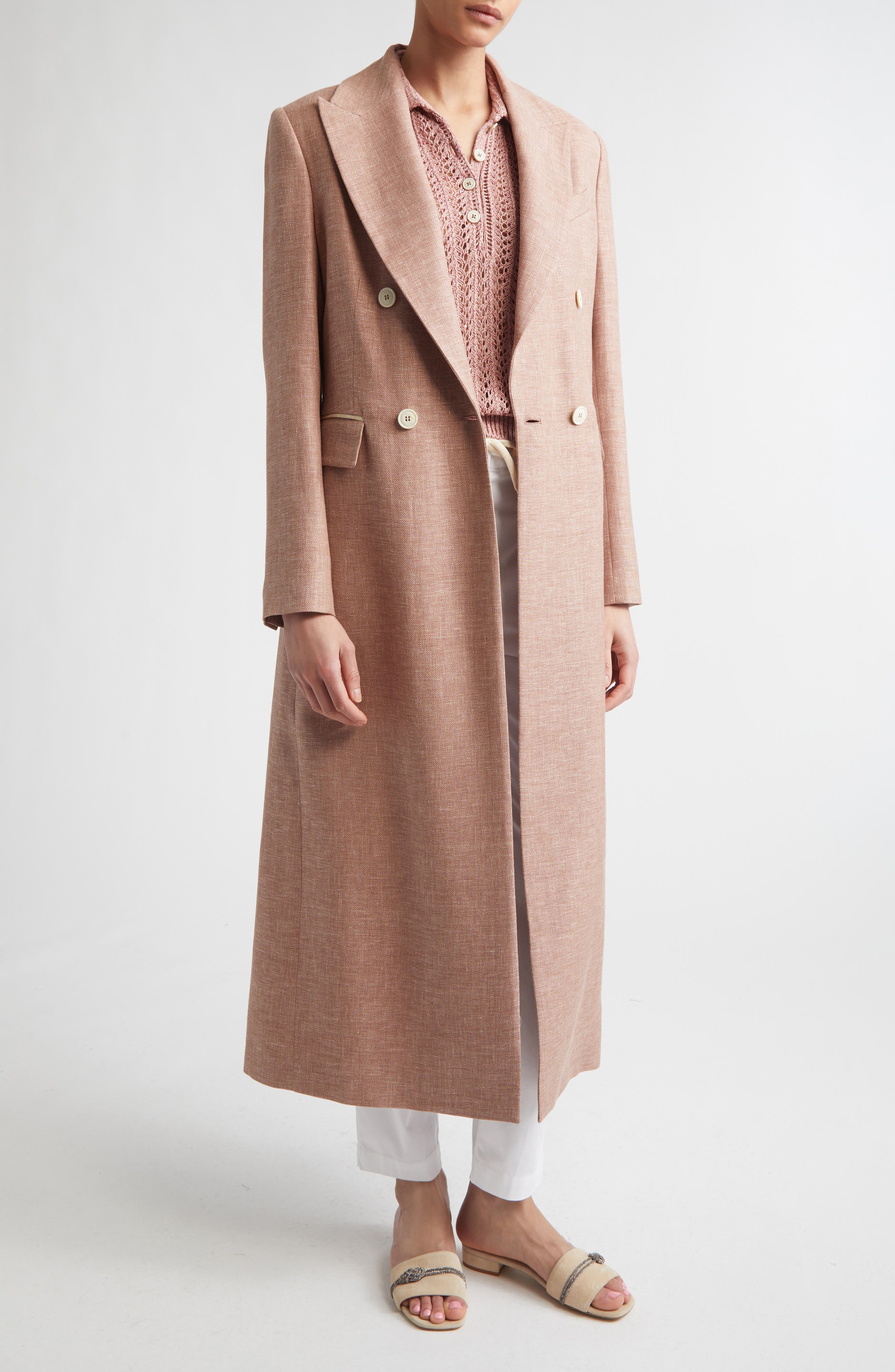 Zegna Double Breasted Stretch Linen, Wool & Silk Duster