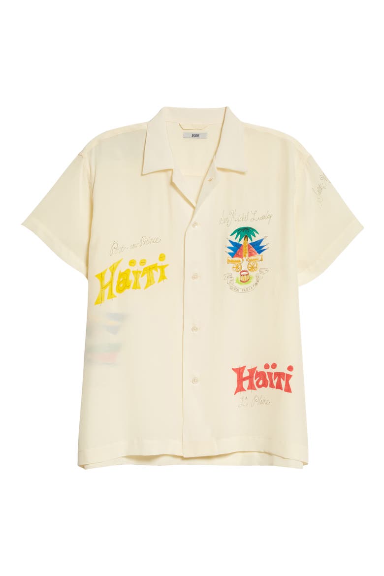 x Marcus Paul Haiti Hand Painted Short Sleeve Silk Button-Up Shirt (Nordstrom Exclusive), Main, color, ECRU