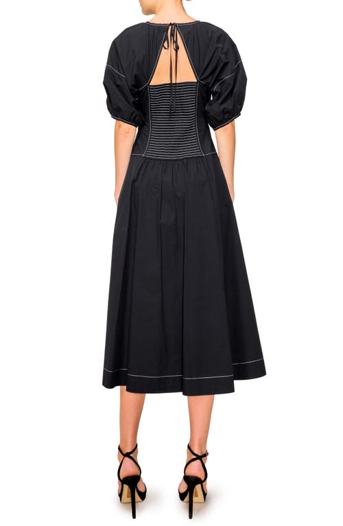 Melloday Stitch Detail Puff Sleeve A-line Midi Dress In Black