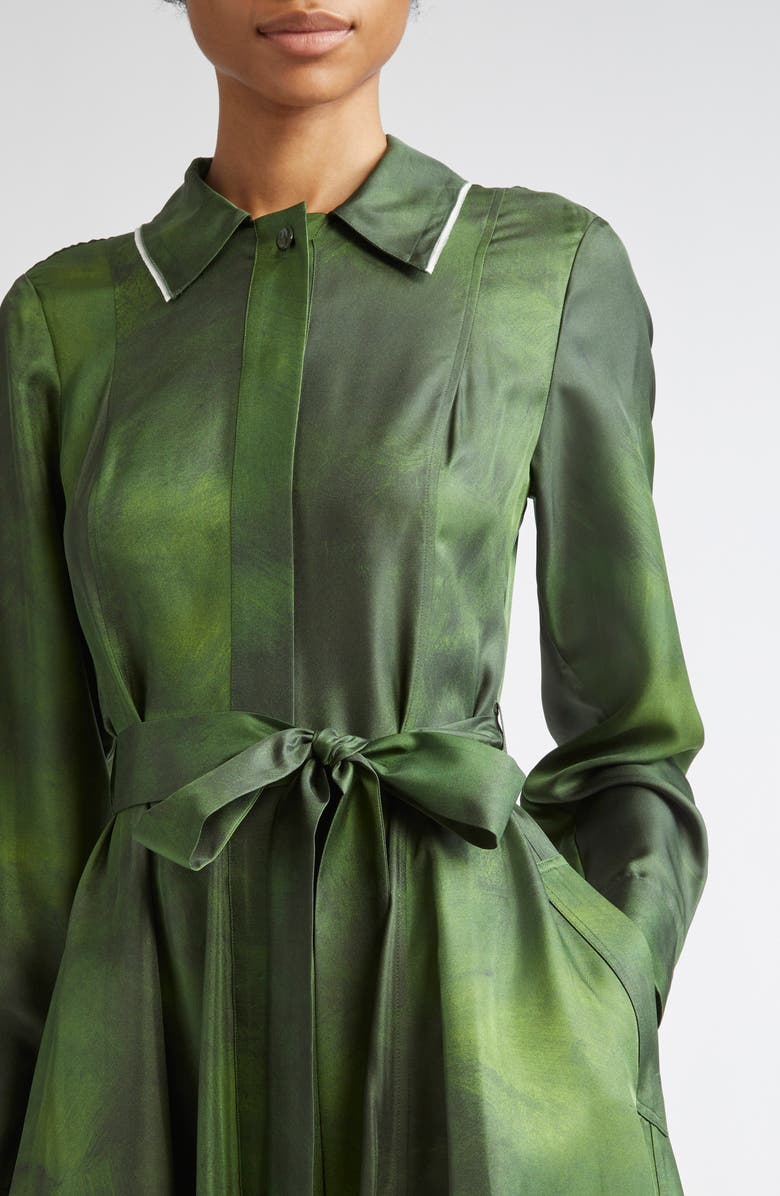 Jason Wu Collection Smudged Canvas Long Sleeve Silk Twill Shirtdress, Alternate, color, Dark Fern