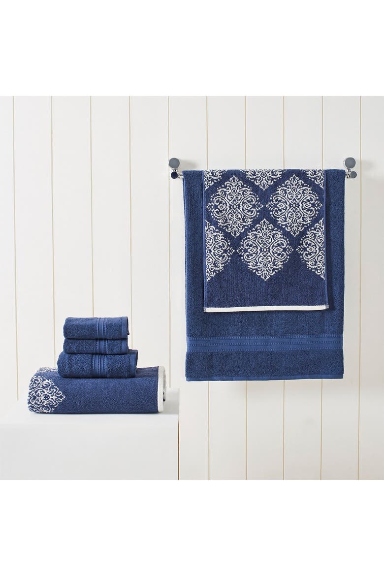 Gray Artesia Damask Reversible Yarn-Dyed Jacquard 6-Piece Towel Set, Alternate, color, INDIGO
