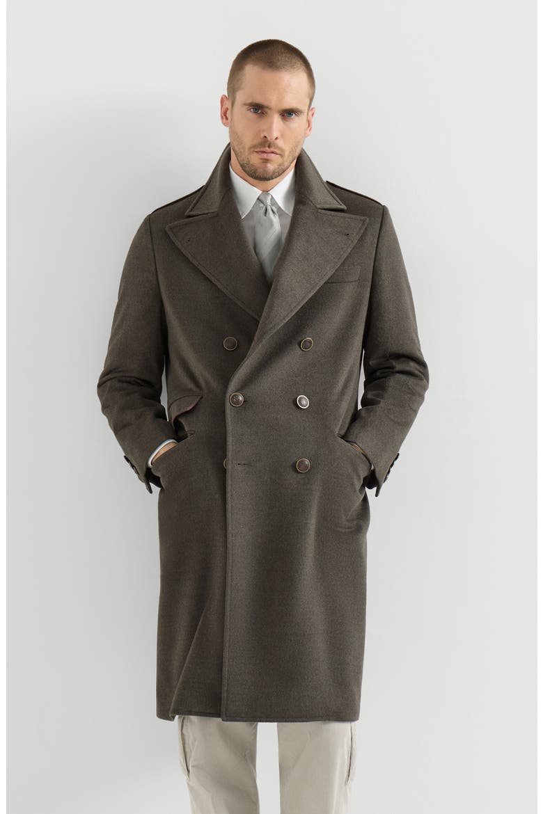 Lightweight virgin wool cloth one-and-a half breasted coat with peak lapels, Main, color, Mud