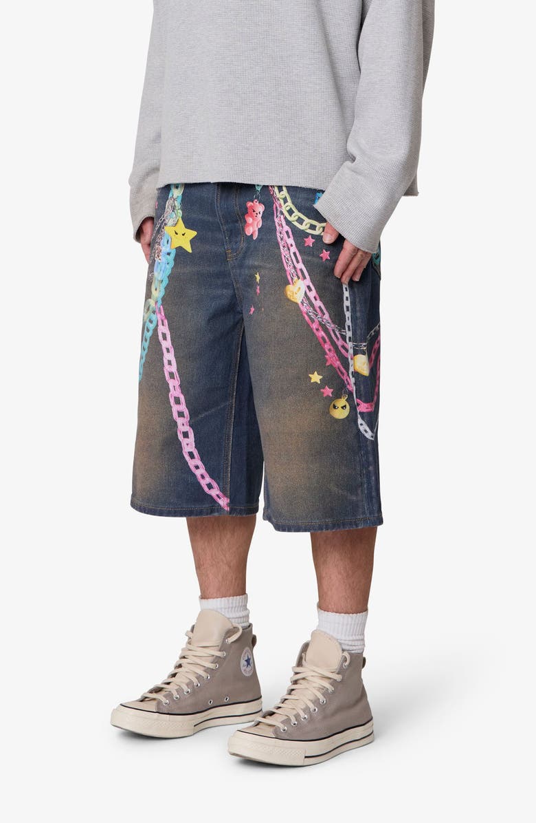 mnml Ultra Baggy Chain Print Denim Shorts, Alternate, color, Blue