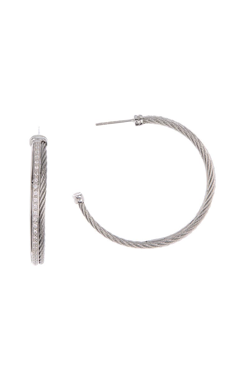 ALOR<sup>®</sup> 18K White Gold & Grey Stainless Steel Twisted Cable Diamond Hoop Earrings - 0.56 ctw, Main, color, 