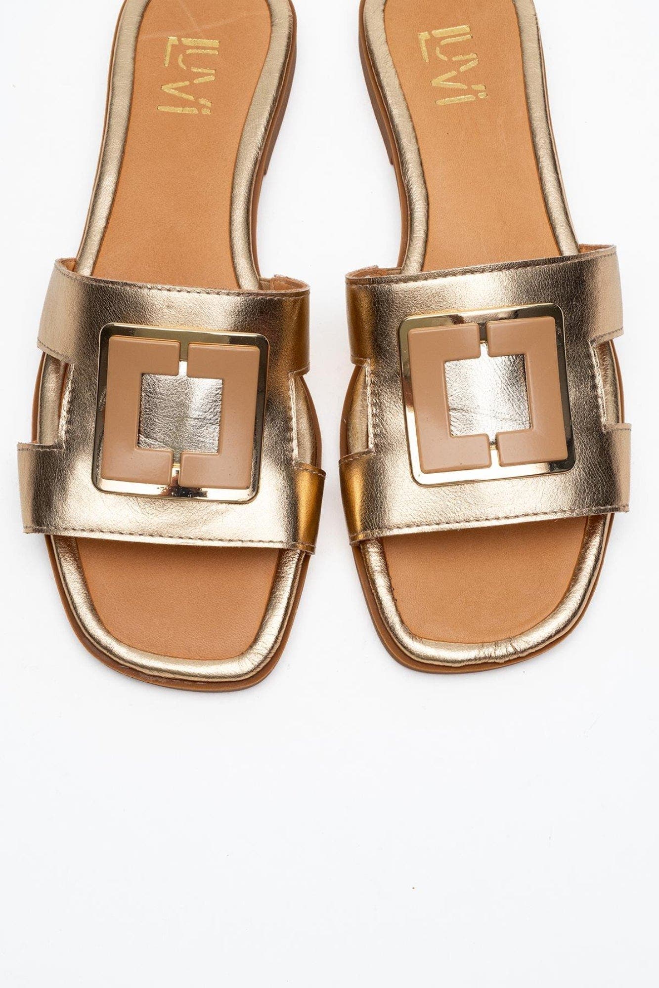 Millie Leather Buckle Slide, Alternate, color, Gold Leather