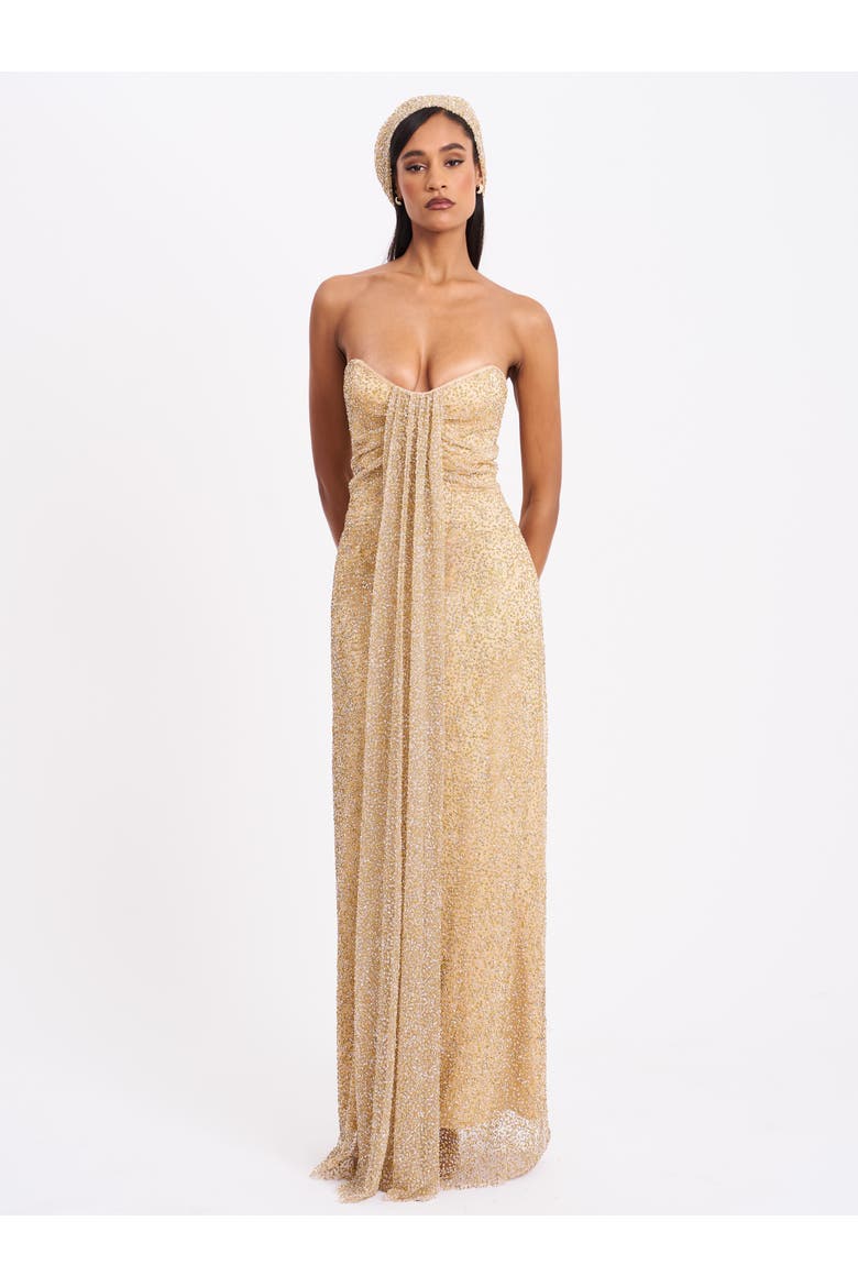 Ada Rhinestone Embellished Strapless Gown with Head Scarf, Alternate, color, YELLOW