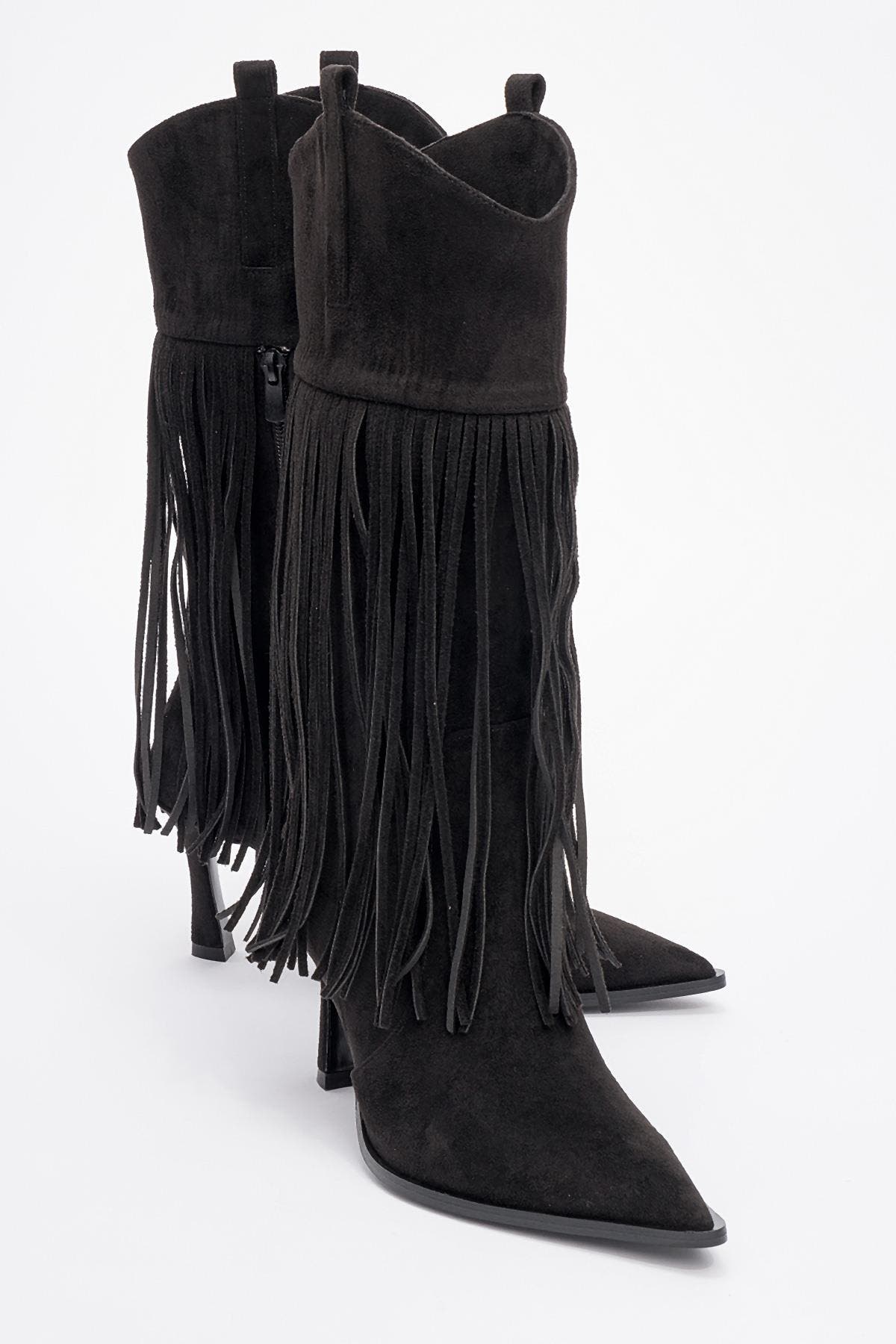 Prologue Shoes Gueras Fringe Pointed Toe Boot, Main, color, Black Suede Faux Leather