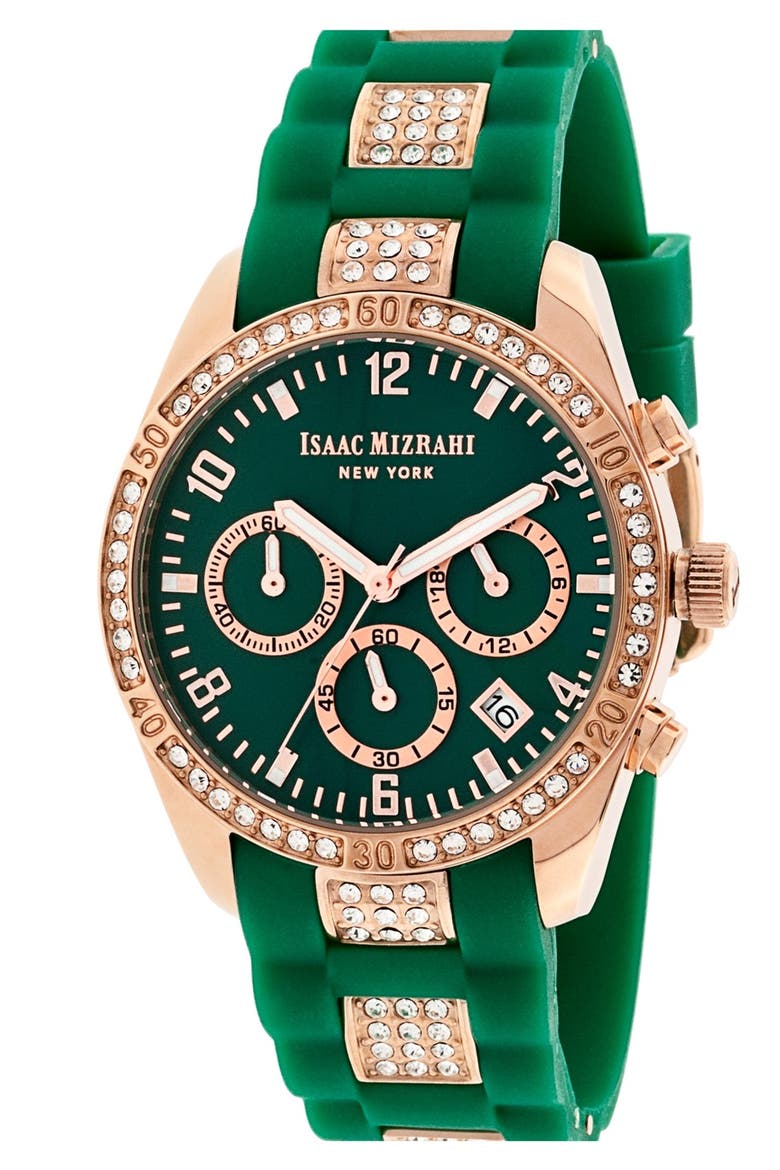 Crystal Accent Chronograph Watch, 38mm, Main, color, EMERALD GREEN/ ROSE GOLD