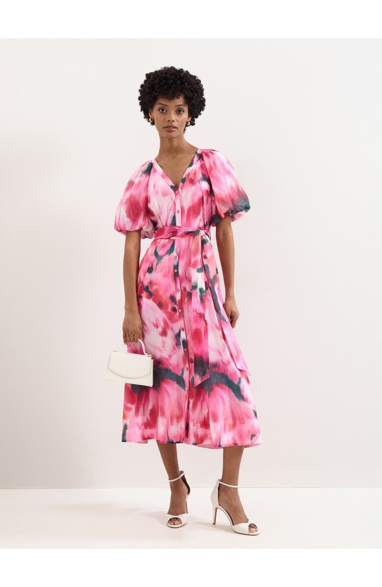 Phase Eight Caterina Puff Sleeve V-Neck Shirt Dress, Main, color, Pink