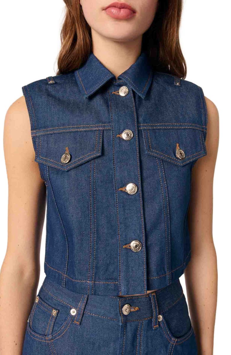 maje Denim cropped jacket, Alternate, color, Navy
