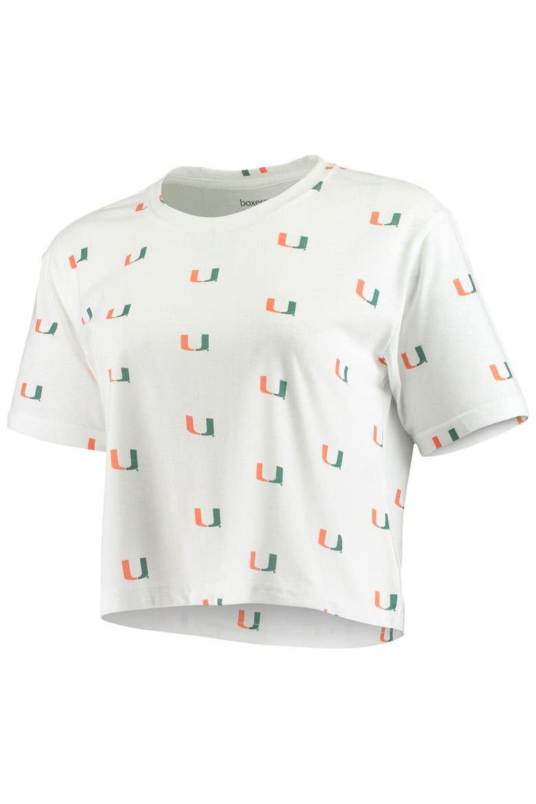 Women's White Miami Hurricanes Cropped Allover Print T-Shirt, Alternate, color, White