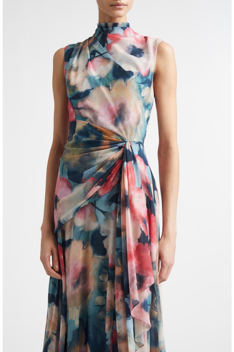 Abstract Floral Draped Chiffon A-Line Midi Dress, Alternate, color, MIST MULTI