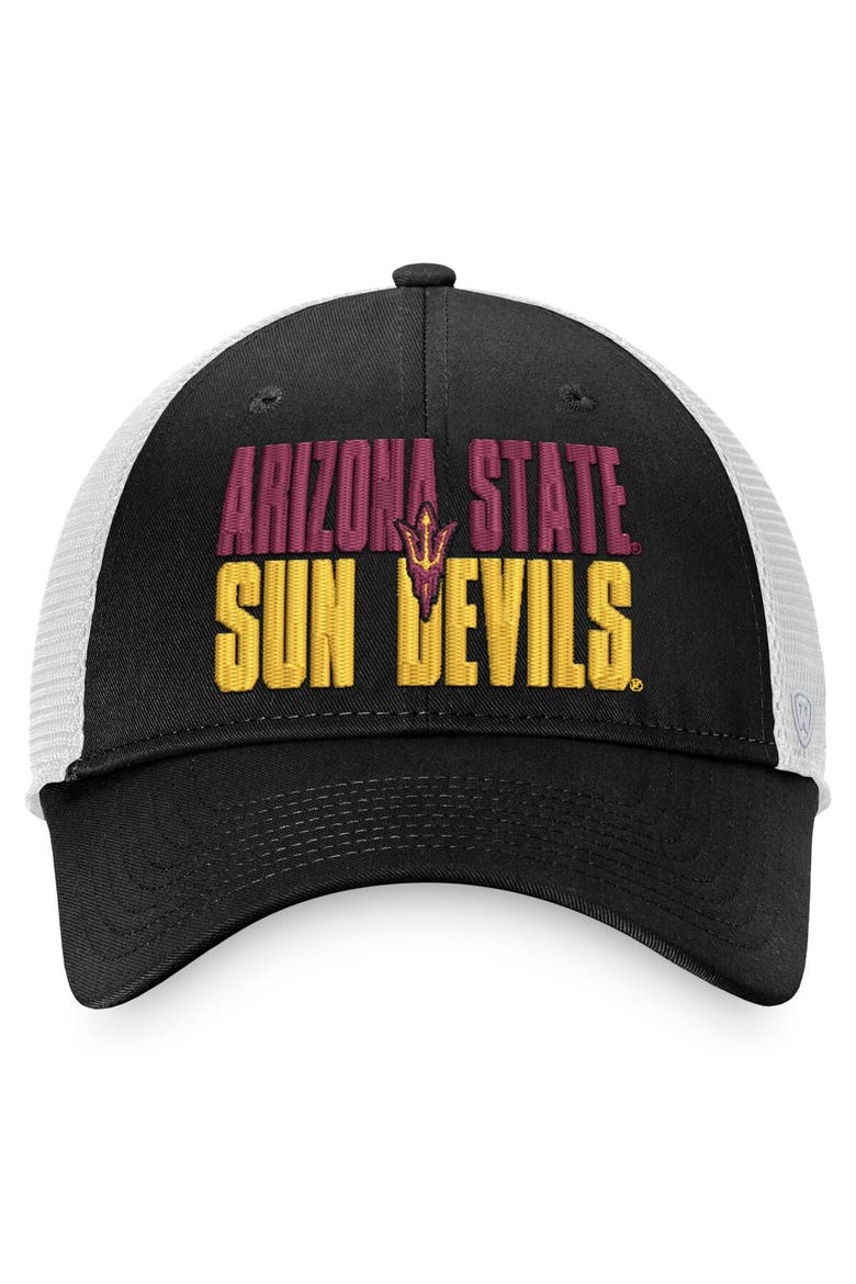 Men's Top of the World Black/White Arizona State Sun Devils Stockpile Trucker Snapback Hat, Alternate, color, Black