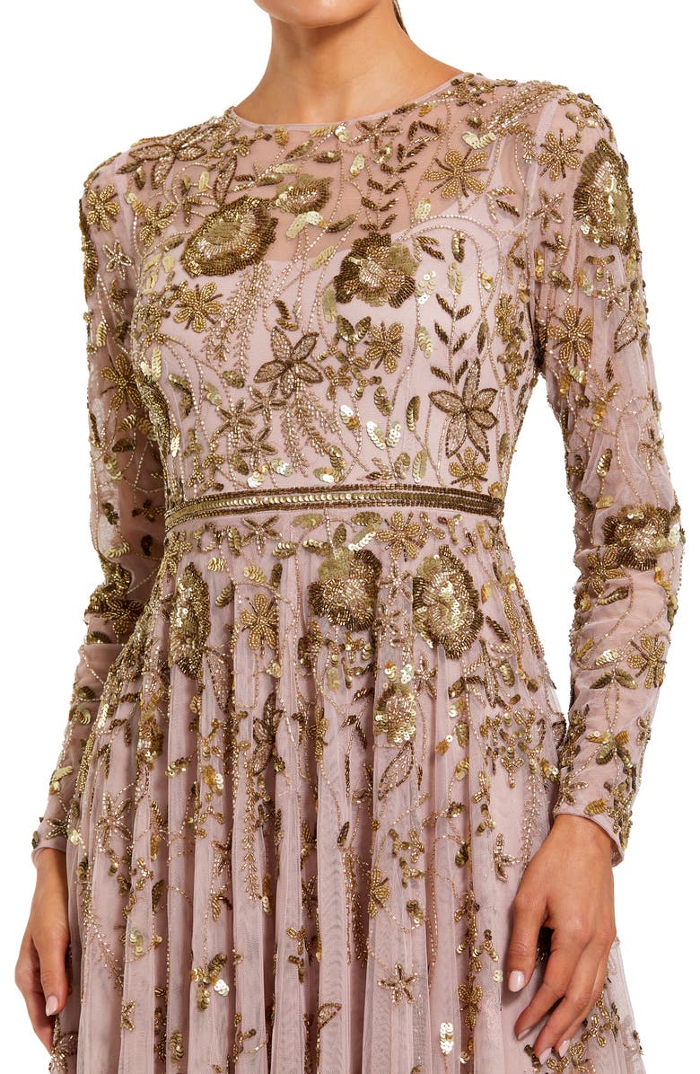 Mac Duggal Long Sleeve Mesh Floral Embellished Gown, Alternate, color, Mocha Multi