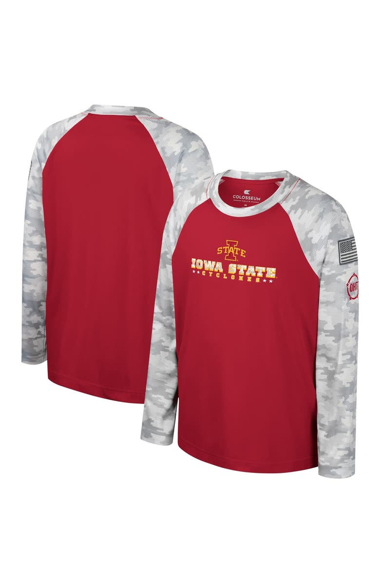 COLOSSEUM Youth Colosseum Cardinal/Camo Iowa State Cyclones OHT Military Appreciation Dark Star Raglan Long Sleeve T-Shirt, Main, color, Cardinal
