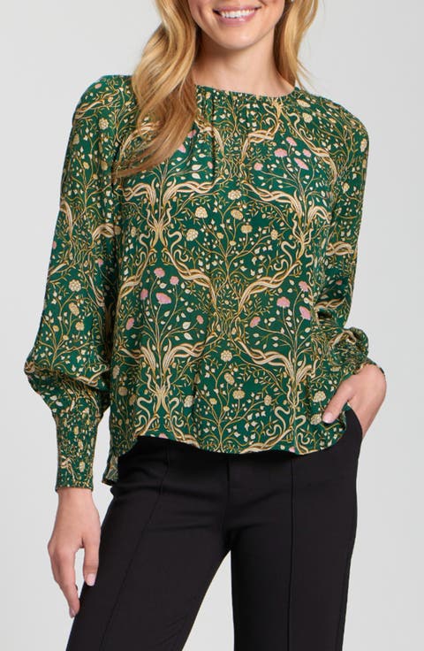 Printed Smocked Cuff Top