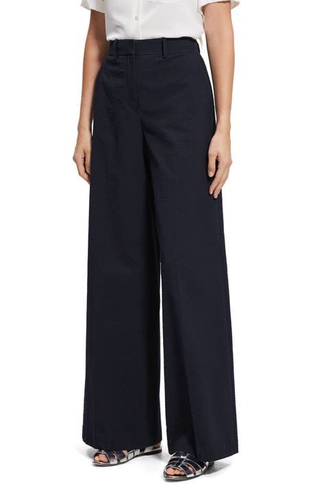 Wide Leg Cotton Blend Seersucker Trousers