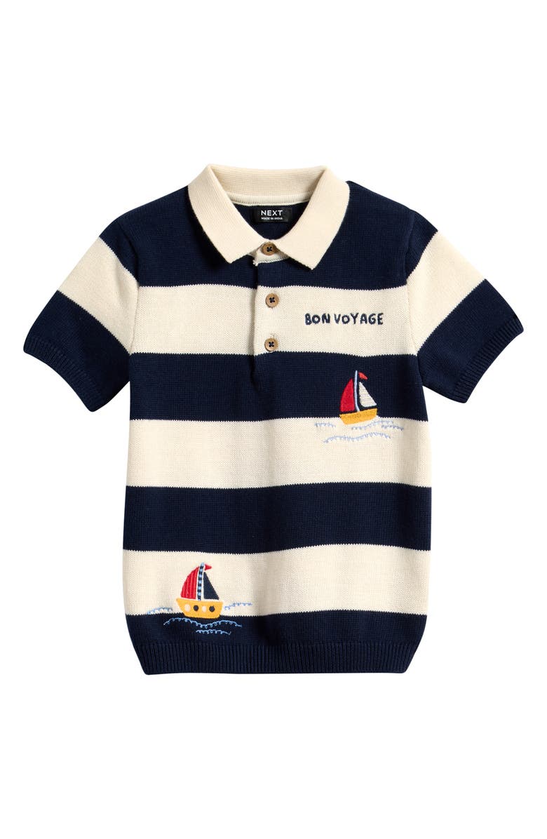 NEXT Kids' Stripe Boat Print Cotton Polo, Main, color, Blue