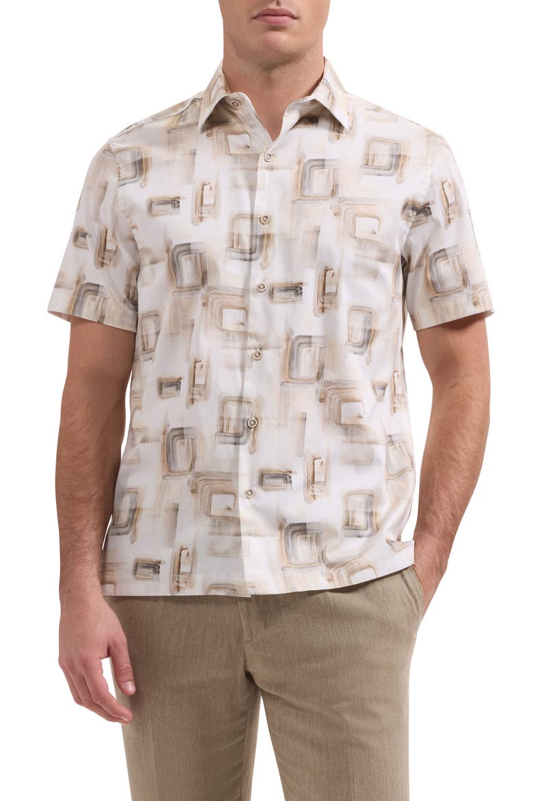 Vero Shaped Fit Abstract Print Short Sleeve Stretch Cotton Button-Up Shirt, Main, color, DESERT