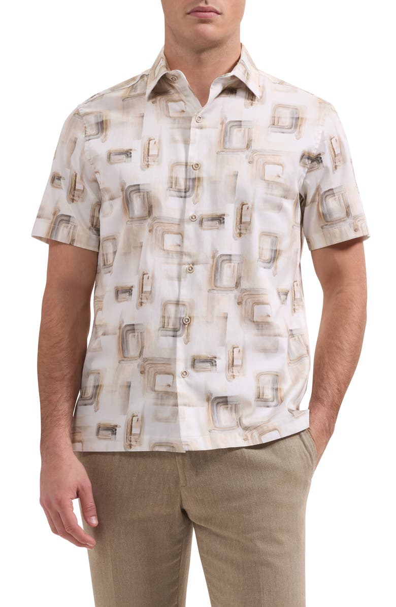 Bugatchi Vero Shaped Fit Abstract Print Short Sleeve Stretch Cotton Button-Up Shirt, Main, color, Desert