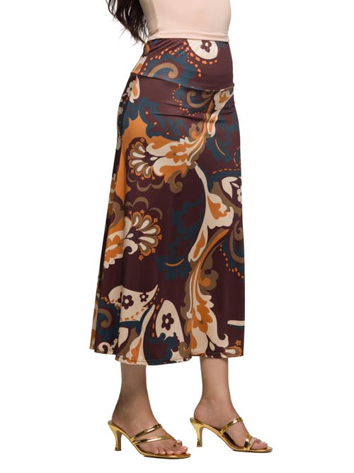 24seven Comfort Apparel Elastic Waist Maxi Skirt Print In Brown
