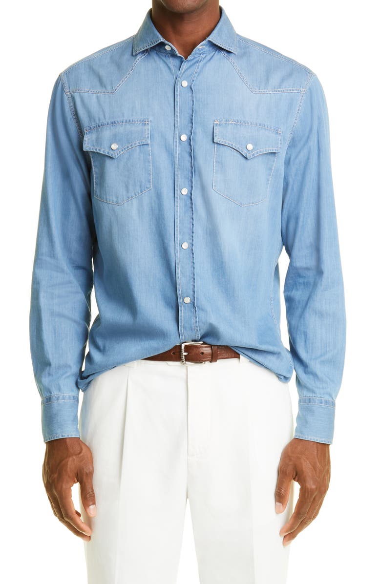Brunello Cucinelli Snap-Up Denim Western Shirt, Main, color, 