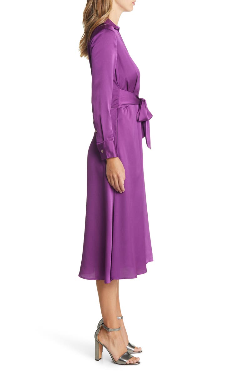 Tahari ASL Tie Front Long Sleeve V-Neck Satin Shirtdress, Alternate, color, 